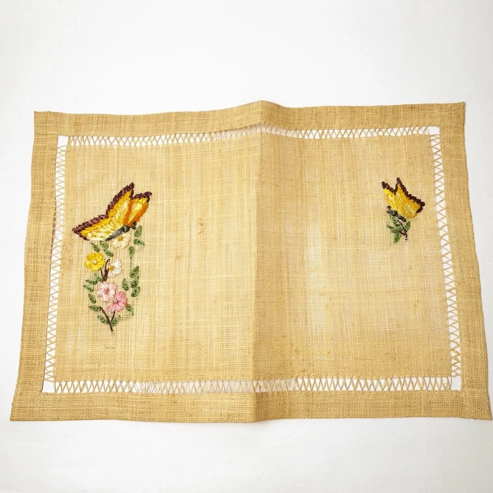 Vintage Woven Straw Embroidered Butterly Placemats